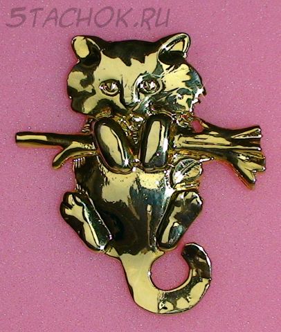 Брошь "Котик на веточке" под золото