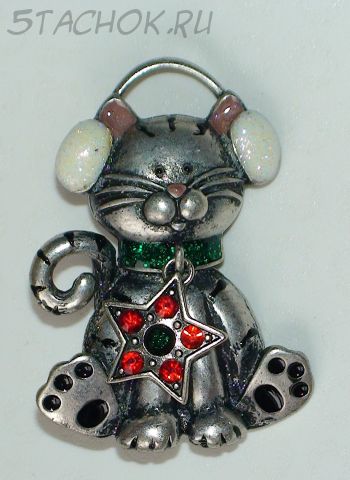 Брошь "Котик в наушниках" под олово, ювелирная эмаль, камушки Сваровски