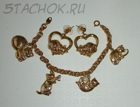 Набор Серьги и Браслет "Котейки" под золото