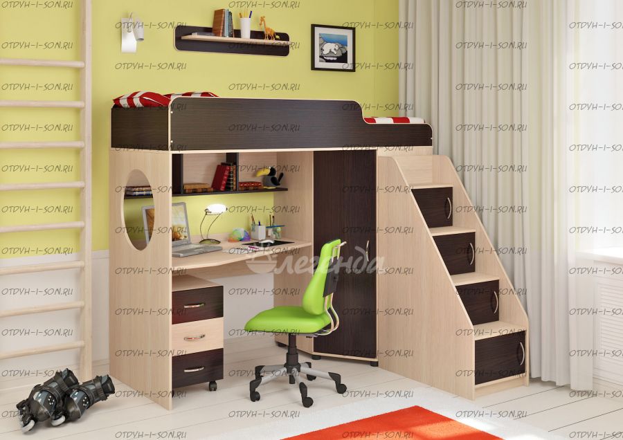 Кровать-чердак Легенда-ЛК4.3, лестница-комод перпендикулярно