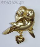 Брошь "Влюбленные птички" под золото