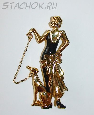 Брошь "Дама в черном с собакой" под золото, эмаль