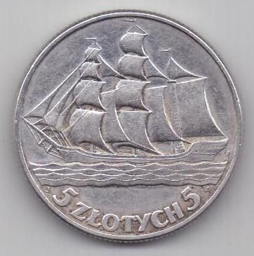 5 злотых 1936 г. парусник. Польша