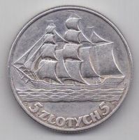 5 злотых 1936 г. парусник. Польша