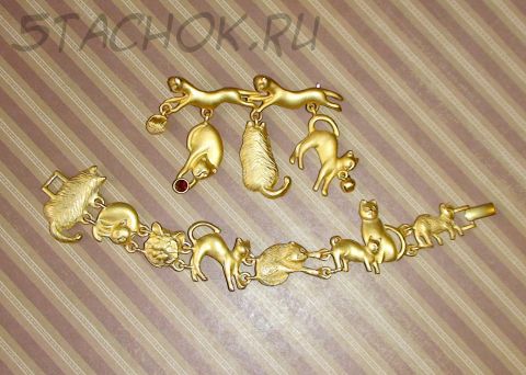 Набор Брошь и Браслет "Кошка за кошку" под матовое золото