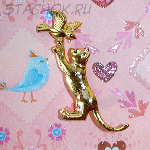 Брошь "Кошечка и птичка" под золото