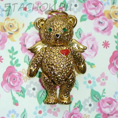 Брошь-подвеска "Мишка-ангел" под золото, сваровски, эмаль
