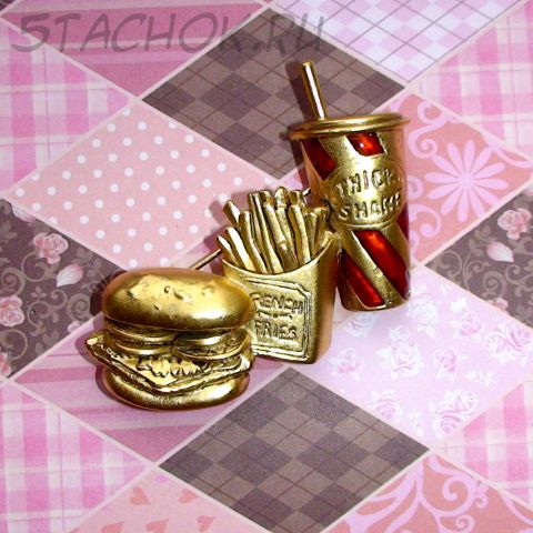 Брошь "Фастфуд" под античное золото, эмаль