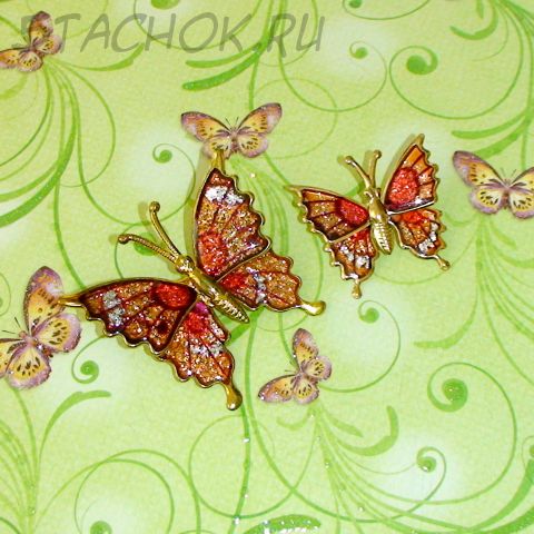 Парные броши "Оранжевые бабочки" под золото, эмаль