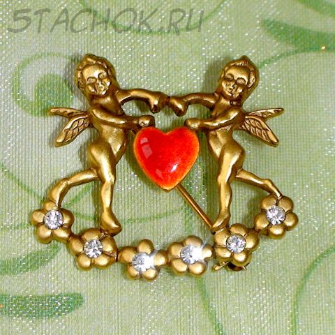 Брошь "Ангелы любви" под античное золото/эмаль/стразы