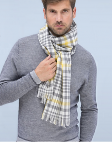 легкий тонкорунный  большой шарф Данди (Серый и Желтый)  Dundee Check Grey and Yellow 100% шерсть мериноса,   плотность 2