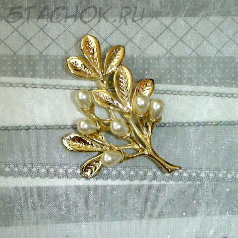 Брошь "Веточка вербы" под золото, искусственный жемчуг