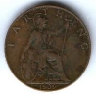 1 фартинг 1909 г. Великобритания