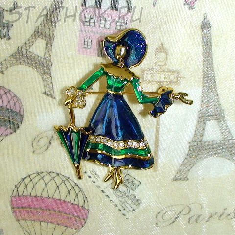 Брошь "Дама с зонтиком на прогулке" под золото/эмаль/стразы