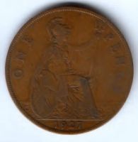 1 пенни 1927 г. Великобритания