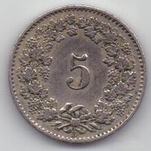 5 раппенов 1880 г. редкий год. Швейцария