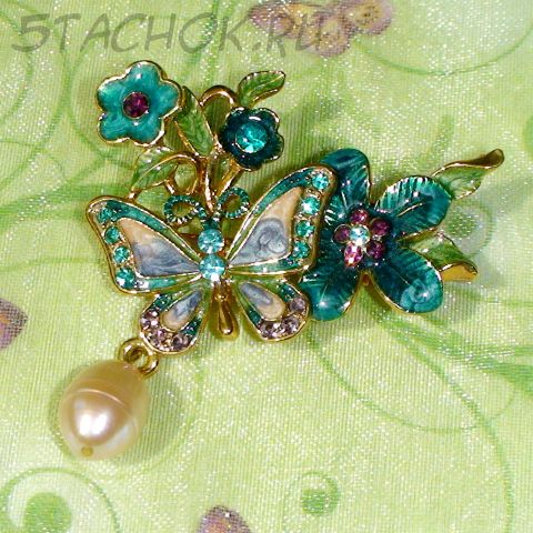 Брошь "Изумрудное лето" под золото/стразы/эмаль/перламутр