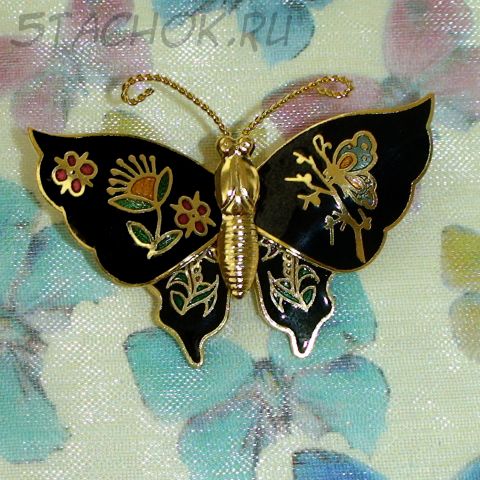 Брошь "Бабочка черная" под золото/клуазоне