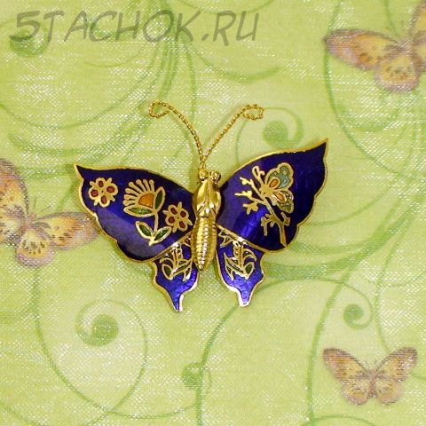 Брошь "Бабочка синяя" под золото/клуазоне