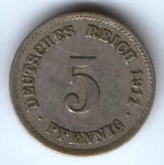 5 пфеннигов 1911 г. F Германия