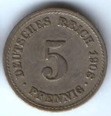 5 пфеннигов 1908 г. F Германия
