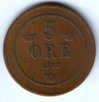 5 эре 1882 г. редкий год Швеция