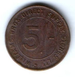 Жетон платежный 5 шиллингов 1930 г. Великобритания. "WILLIAMS BROS. DIRECT SUPPLY STORES Ltd. / 5/-".