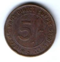 Жетон платежный 5 шиллингов 1930 г. Великобритания. "WILLIAMS BROS. DIRECT SUPPLY STORES Ltd. / 5/-".