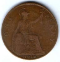 1 пенни 1916 г. Великобритания