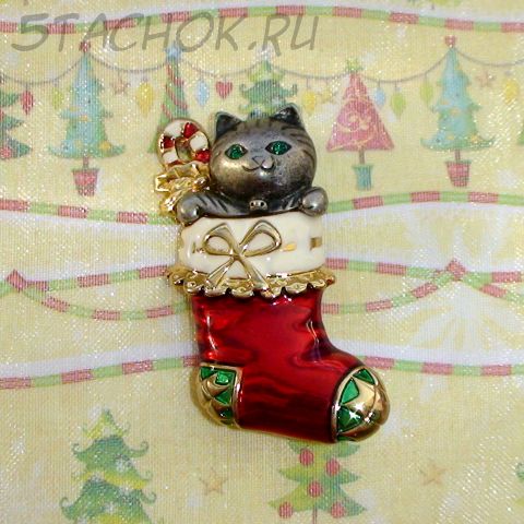 Брошь "Новогодний подарочек-котик" под олово/зол/эмаль