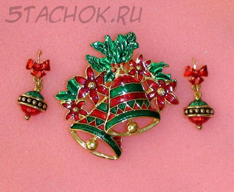 Комплект брошь и серьги "Новый год" под золото/эмаль