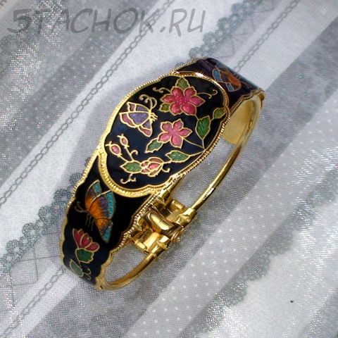 Браслет "Бабочки и цветы на черном" под золото/клуазоне