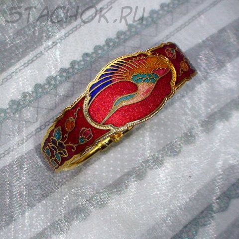 Браслет "Журавль на красном" под золото/клуазоне