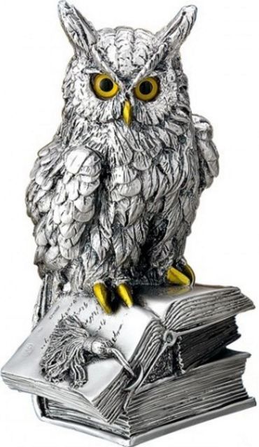Серебряная статуэтка ученого филина на книге - символ мудрости, знаний, опыта (Италия)