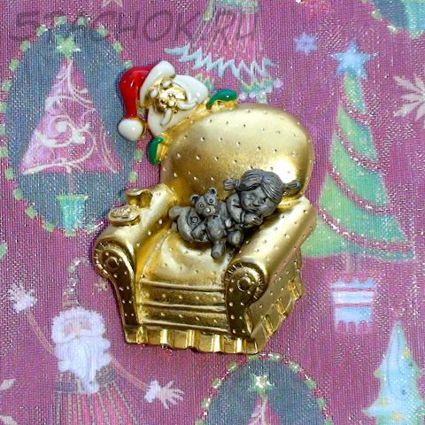 Брошь "Девочка и Санта" под золото/олово/эмаль