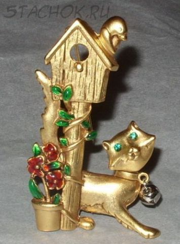 Брошь "Кошка и скворечник" (Danecraft США)