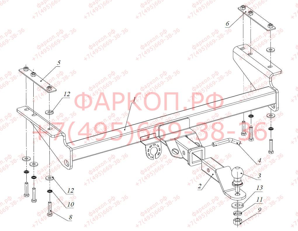 Фаркоп Toyota Hilux 2015- без подрезки бампера. Тип шара: E (легкосъемный шар под квадрат). Нагрузки: 3500/120 кг.
