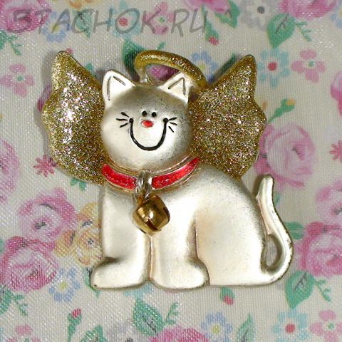 Брошь "Котик-ангелочек" эмаль, блестки