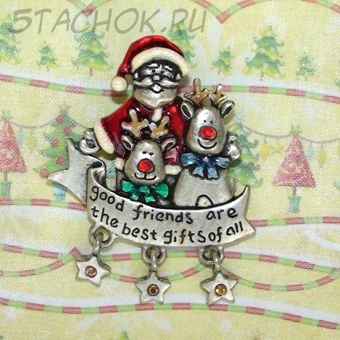 Брошь "Санта и олени" под олово, эмаль, стразы