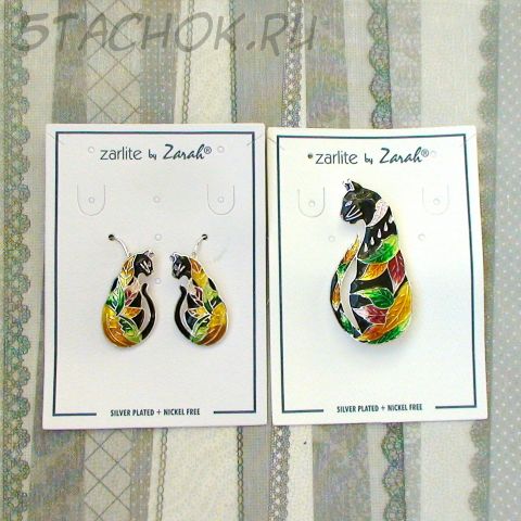 Брошь и серьги "Осенняя кошка" серебро/эмаль