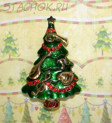 Брошь "Музыкальная елочка" под золото, эмаль