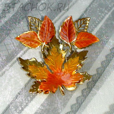 Брошь и серьги "Осенние листики" под золотую чеканку, эмаль