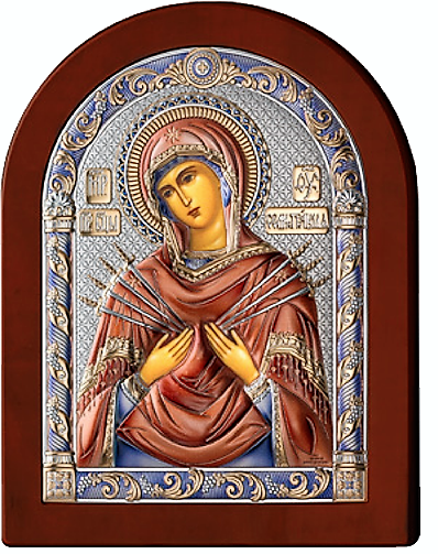 Серебряная икона Богоматерь Семистрельная (Италия, цветной лак, повышенное качество!)