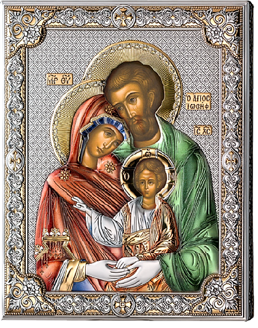 Серебряная икона Святое Семейство (листовое серебро, Италия, цветной лак, повышенное качество)