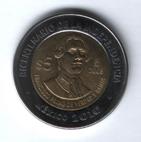 5 песо 2008 г. Мексика, 200 лет независимости
