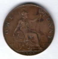 1 пенни 1909 г. Великобритания