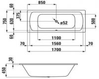 Ванна стальная Laufen Pro 170x75х45 слив по центру схема 2