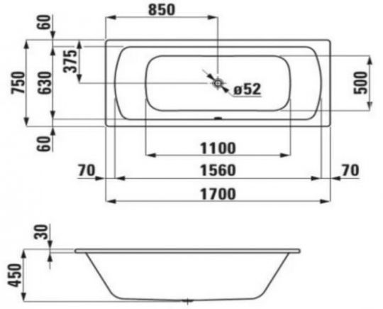 Ванна стальная Laufen Pro 170x75х45 слив по центру схема 2