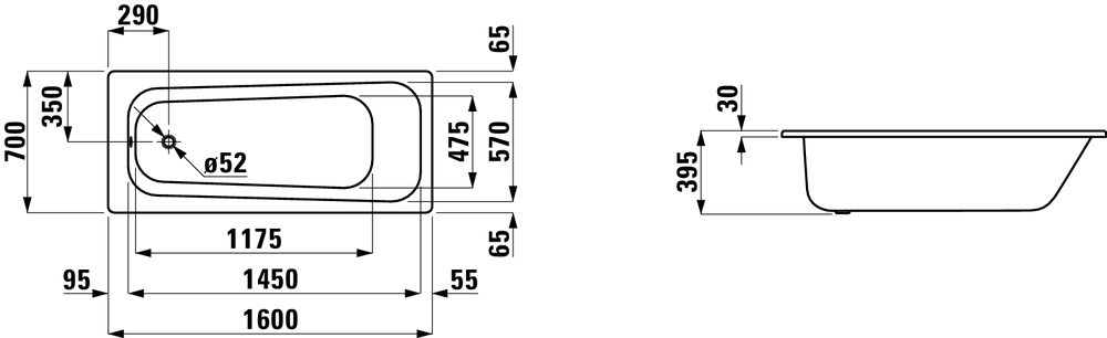 Стальная ванна Laufen Pro 160x70 см схема 2