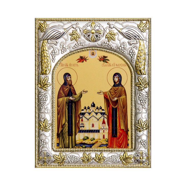 Серебряная икона именная Петр и Феврония Муромские (14*18 см, гальванопластика, Россия-Италия)